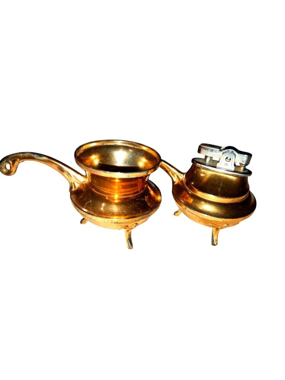 Vintage Brass Tabletop Lighter & Ashtray Set With Handle•78